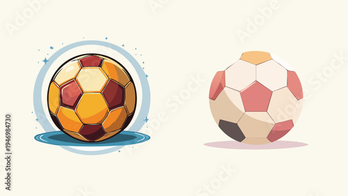 Vibrant and simplified vector illustrations of two distinct soccer balls, perfect for capturing the essence of sports, competition, and game day enthusiasm in graphic design projects