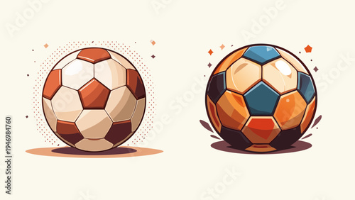 Two stylized soccer balls, one classic black and white, the other with a warm, earthy color palette, presented in a clean graphic illustration style