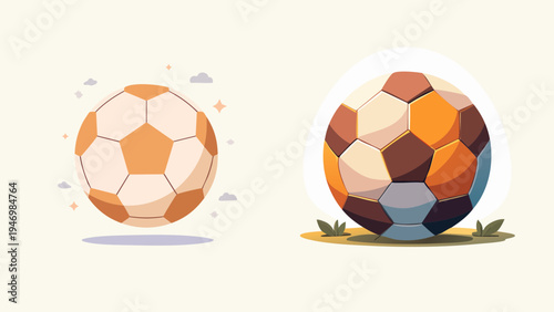 A pair of stylized vector soccer balls in a modern, clean flat design, perfect for representing sports, game spirit, or athletic competition on a global field