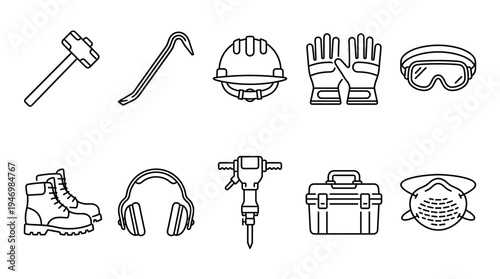 A collection of clean, line-art icons representing various construction tools and safety equipment, perfect for illustrating industrial themes.