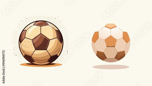 Two stylized illustrations of soccer balls, one classic brown and white, the other lighter in color, on a plain background