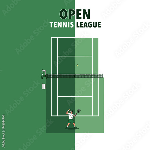 Illustrated View of Tennis Court Depicting Open League Tournament, Aerial Perspective