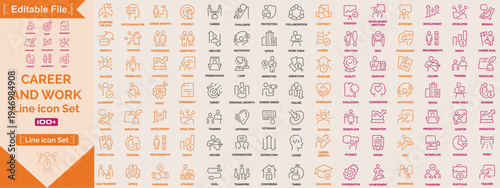 Career Work line editable icon set. Contain icons related to career, Containing training, training, skills, development, learning, mentorship, employment, Editable stroke. Vector Illustration.