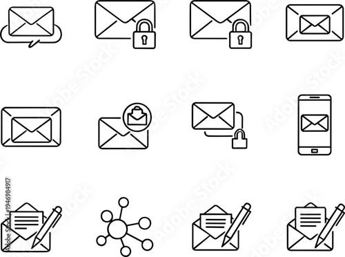 secure email and messaging line icons set, envelope lock, smartphone mail, cloud message, digital communication outline symbols