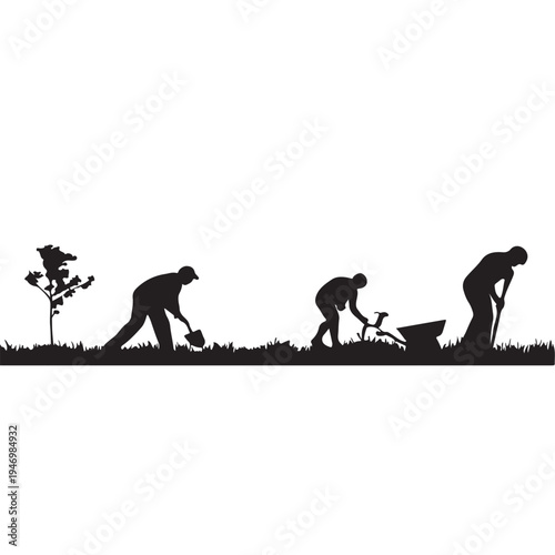 Black silhouettes of a family of four with their pet dog and horse walk along the beach road in this artistic vector illustration
