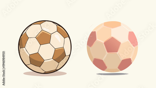 Two cartoon-style soccer balls in beige and brown color with hexagon and pentagon patterns on a light background