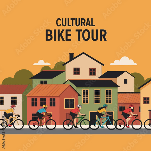 Illustration Depicting a Cultural Bike Tour With Cyclists Exploring a Historic Townscape