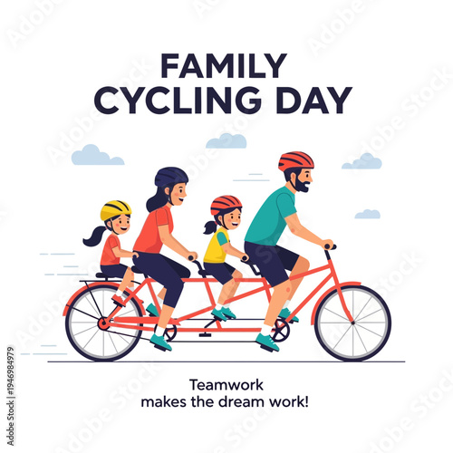 Illustration Depicting a Joyful Family Riding a Tandem Bicycle on a Sunny Day for Family Cycling