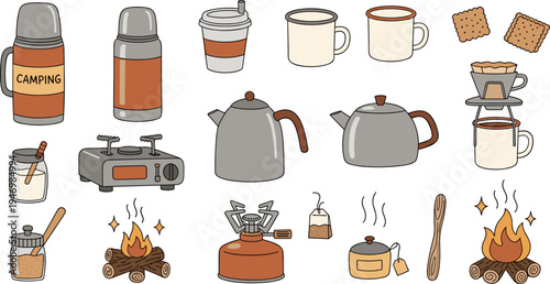 Camping Coffee Equipment Vector Set with Thermos Kettle Campfire Mug Portable Stove Pour Over Brewer and Outdoor Beverage Illustration
