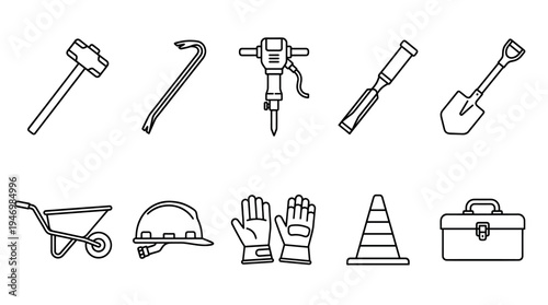 A clean line art illustration featuring a collection of construction tools, including a sledgehammer, crowbar, jackhammer, chisel, shovel, wheelbarrow, hard hat, gloves, traffic cone, and toolbox.