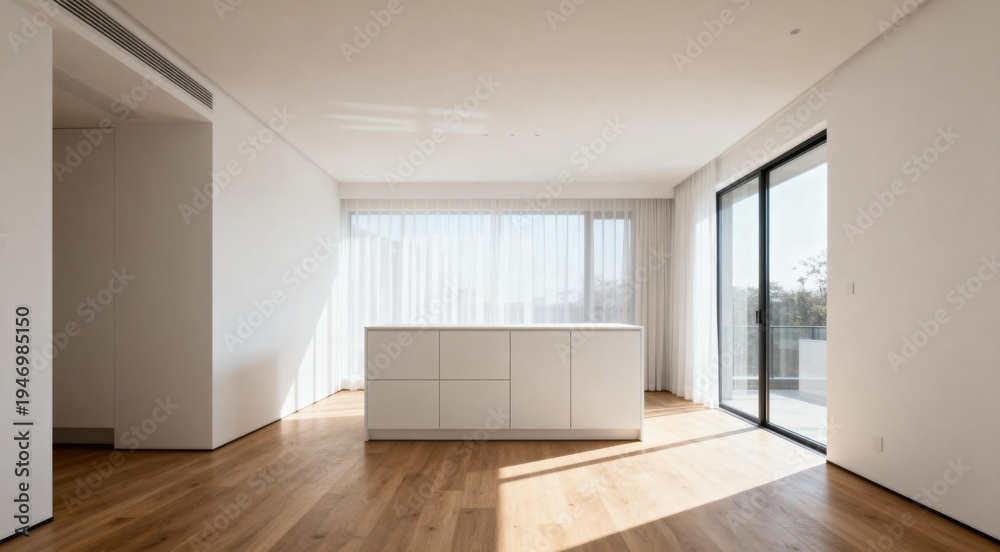Fototapeta premium Modern Minimalist Interior with Wooden Floors and White Cabinets