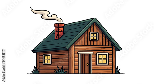 Charming wooden house with smoke from chimney, cozy cabin in forest