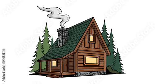 Cozy cabin in forest, wooden house with smoke chimney, green roof trees