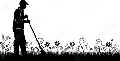 Black silhouette of a gardener working with a shovel in a field of flowers and grass for landscaping and gardening