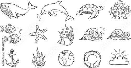Collection of hand-drawn marine life and ocean elements in a simple line art style