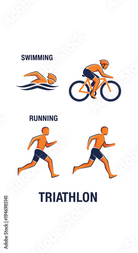 Illustration Depicting Triathlon Disciplines Swimming Cycling And Running In Vivid Orange And Black