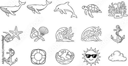 Collection of hand-drawn marine life and nautical elements in a simple outline style