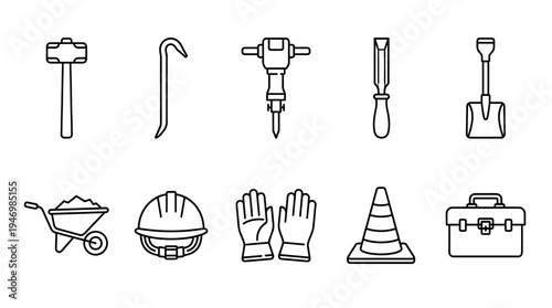 A clean vector illustration displaying a collection of construction tools and safety equipment in a simple line art style on a white background.