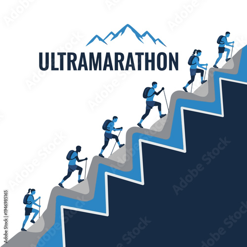 Illustration Depicting Ultrarunners Ascending a Mountainous Path Towards Triumph and Endurance