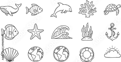 Hand-drawn marine life illustrations featuring animals and objects