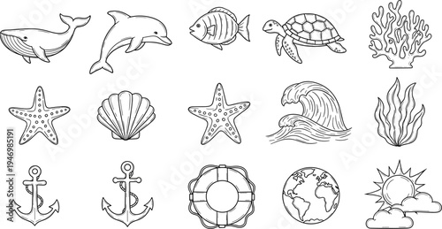 Collection of hand-drawn marine life and nautical elements in a simple outline style