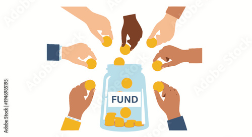 Hands Putting Coins into Fund Jar.