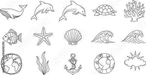 Collection of marine life and nautical elements in a simple line art style