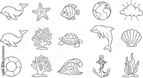 Collection of hand-drawn marine life and nautical elements in a simple line art style