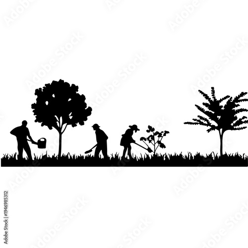 A happy family with children plays on a summer meadow and climbs a tree in a park at sunset while a mother and child walk through the grass of a garden landscape vector illustration
