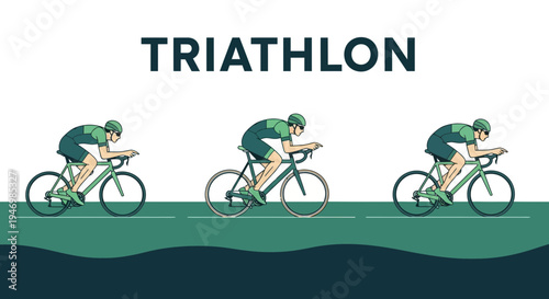 Illustration Of A Cyclist Trio With Triathlon Sign Above a Green Sporty Background
