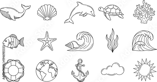 Collection of hand-drawn marine life and nautical elements in a simple line art style
