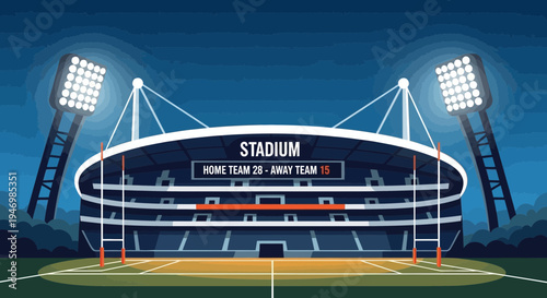 Illustration Of A Floodlit Stadium Hosting A Sporting Event At Night