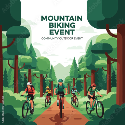Illustration Of A Mountain Biking Event Featuring Riders And A Scenic Forest Trail Scene