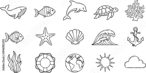 Collection of hand-drawn marine life and nautical elements in a simple line art style
