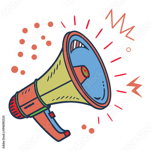 The image features a colorful megaphone with sound waves radiating, symbolizing communication, announcements, and public speaking. It represents amplification and the act of delivering messages, ideal