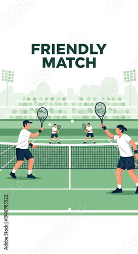 Illustration Of A Tennis Match Between Four People On A Green Court Environment