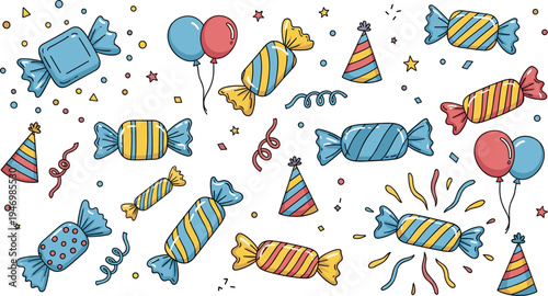 Colorful Candy and Birthday Party Elements Vector Set with Wrapped Sweets Balloons Party Hats Confetti Streamers Celebration Decoration Cartoon Illustration