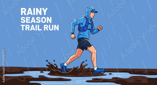 Illustration Of A Trail Runner During A Rainy Season, Running Through Mud Puddles