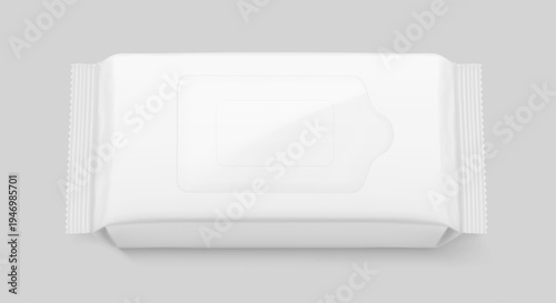 Wet wipes flow package mockup with realistic flap. Vector illustration isolated on grey background. Can be use for your design, promo, adv and etc. EPS10.