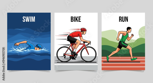 Illustration Of Triathlon Sports: Swim, Bike, And Run With Vibrant And Stylish Designs