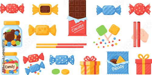 Colorful Candy and Chocolate Sweets Vector Set with Wrapped Candies Chocolate Bar Lollipops Gift Box and Sugar Treat Illustrations
