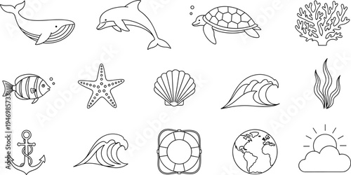 Collection of simple line art icons representing marine life and ocean elements