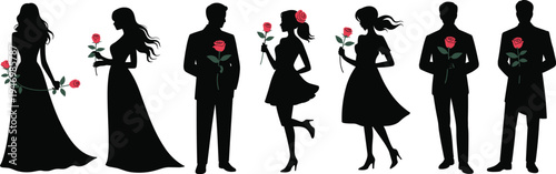 Silhouettes of men and women holding red roses, romantic formal attire, love celebration vector artwork for Valentine wedding design