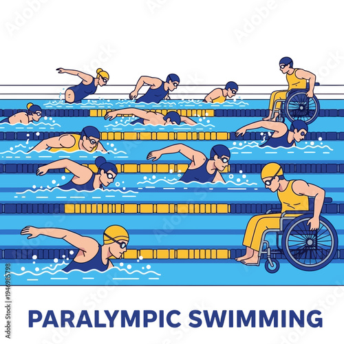 Illustrative Depiction Of Diverse Swimmers At Paralympic Games, Celebrating Athleticism And