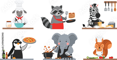 Cute Animal Chefs Collection with Raccoon, Elephant, Penguin, Zebra, Goat, and Squirrel Cooking in the Kitchen, Perfect for Food and Culinary Designs