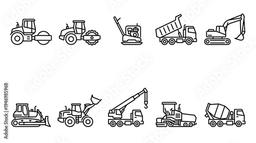 A collection of ten black and white line art icons depicting various construction vehicles, useful for illustrating heavy machinery and industry concepts.