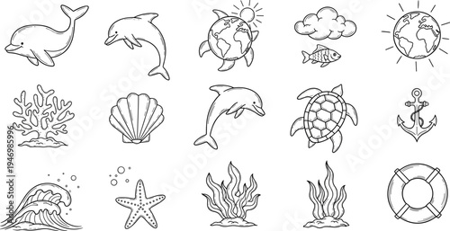 Collection of hand-drawn marine life and nautical elements in a simple line art style