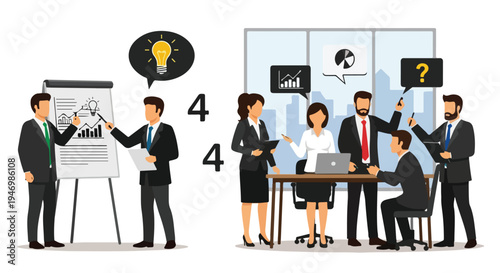 Business meeting and presentation vector illustration set with diverse professionals collaborating on strategy and ideas in office environment