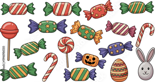 Colorful Candy and Holiday Sweets Vector Set with Lollipop Wrapped Candies Candy Cane Easter Egg Bunny and Halloween Pumpkin Cartoon Illustration