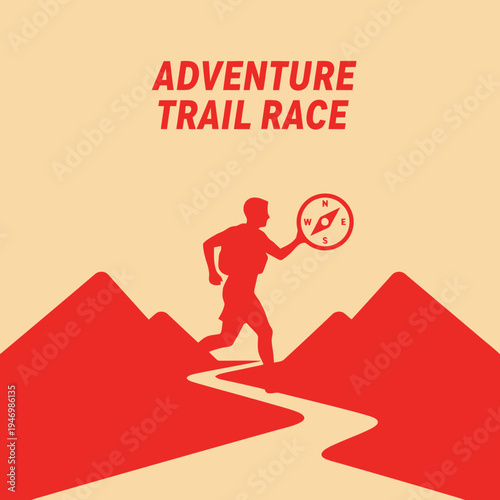 Inspiring Adventure Trail Race Illustration Featuring Runner, Compass, And Mountain Range
